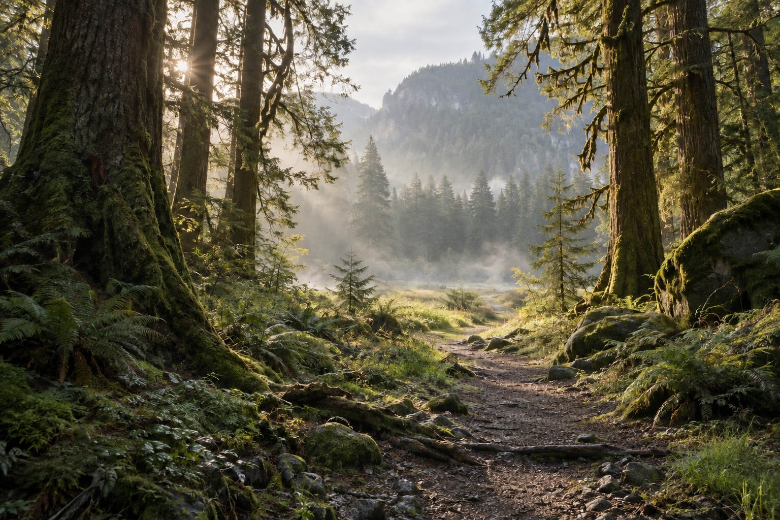 Waldweg durch einen stillen, moosigen Wald